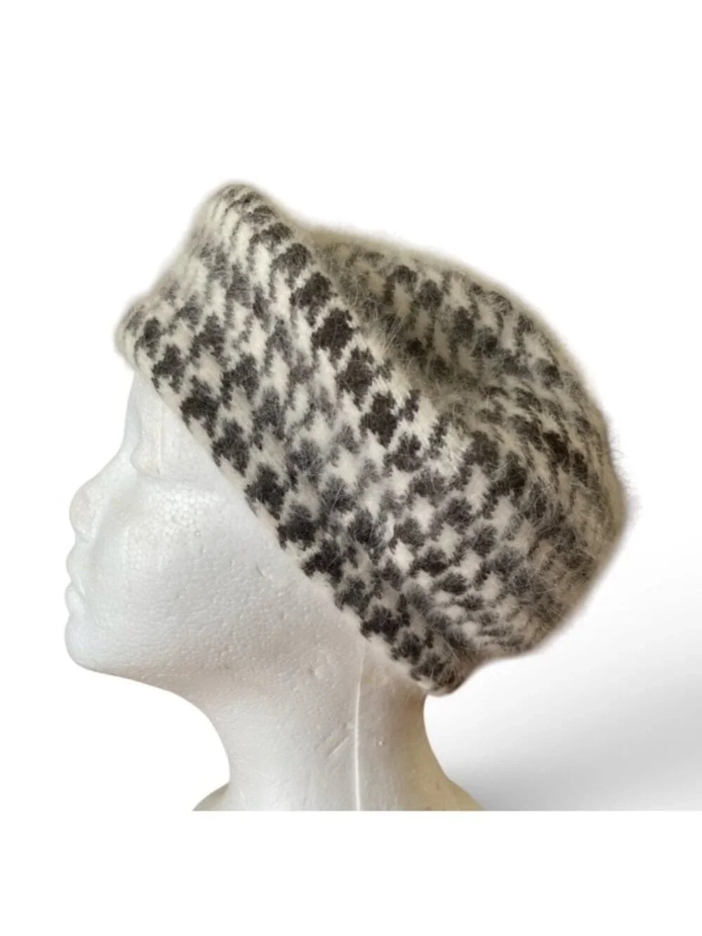 C.C Exclusives Angora Blend Beret Brown And Cream Houndstooth